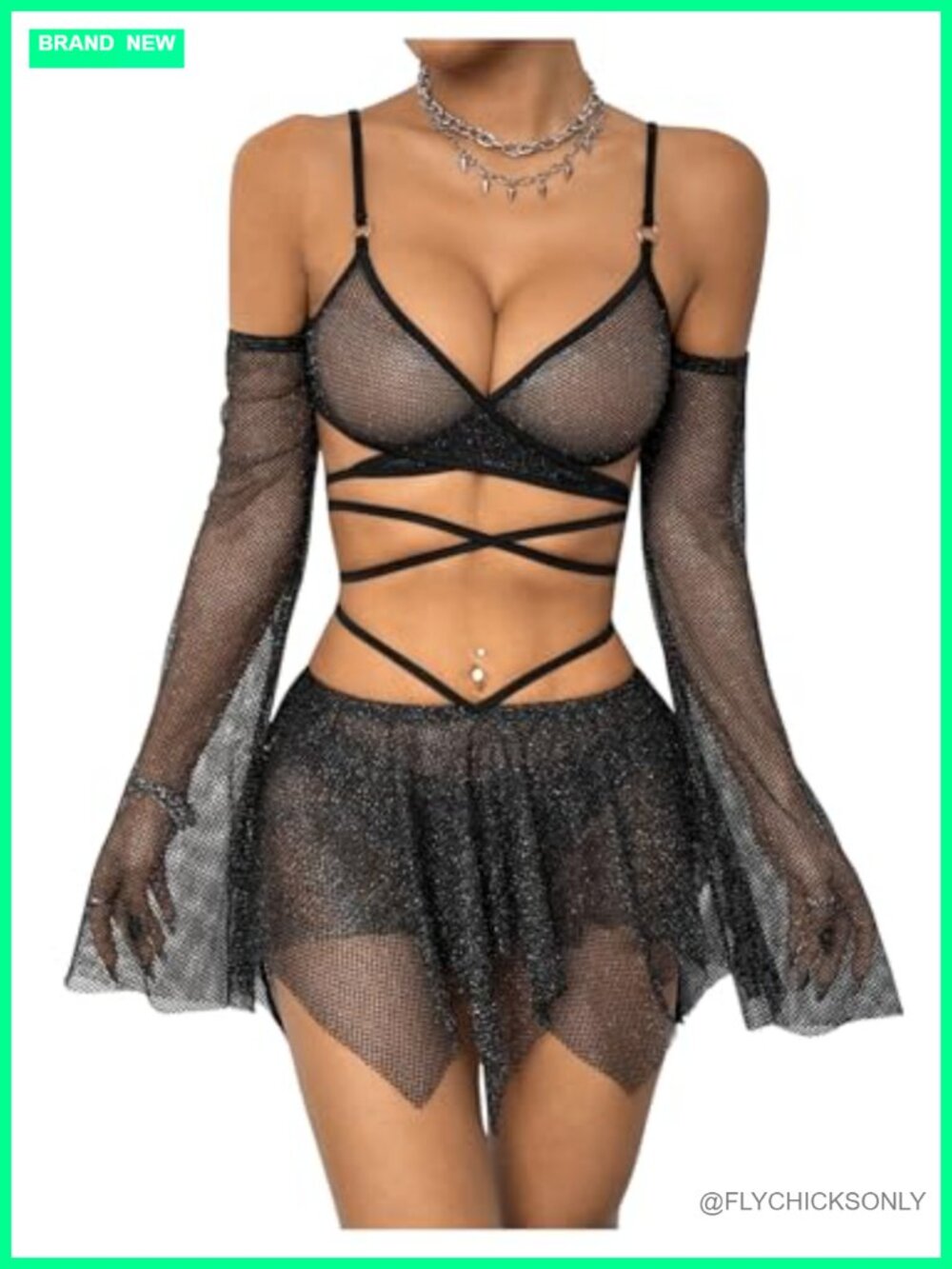 Women's 2 Piece Mesh Rave Outfit Skirt Crop Top Set